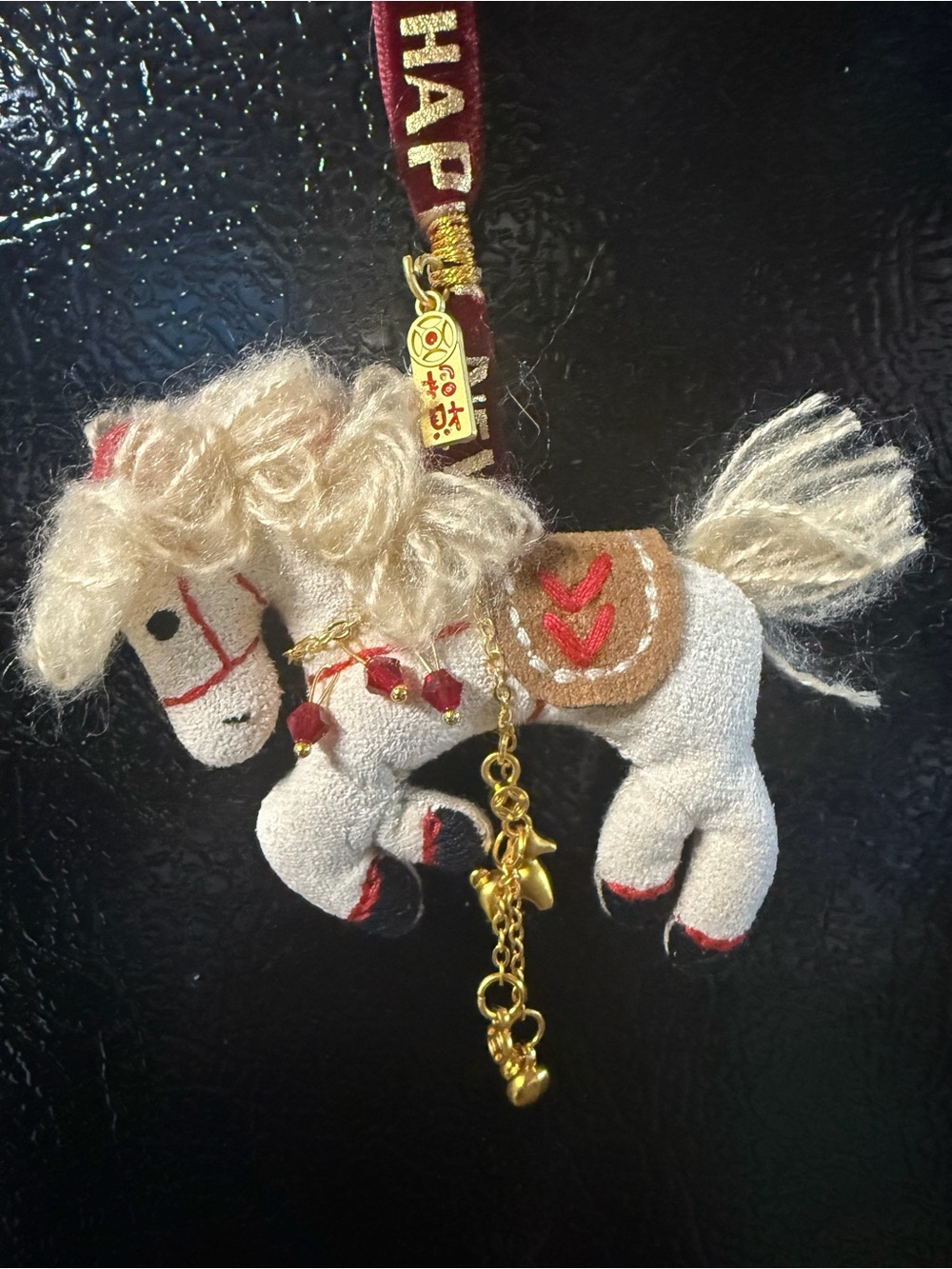 Handcrafted White Plush Horse Hanging Ornament with Gold Charm